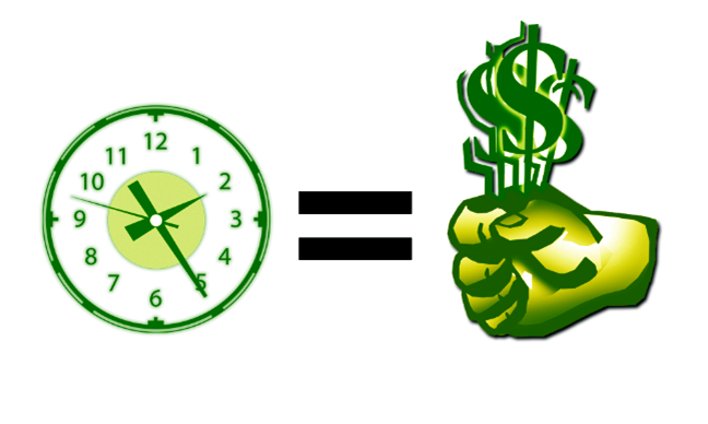 Green clock, an equals sign, and a fist holding dollar signs, showing time equals money