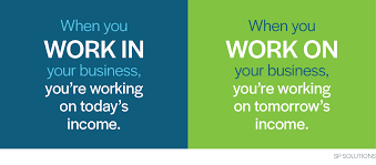 Two panel graphic: when you work in your business you are working on today's income, when you work on your business you are working on tomorrow's income
